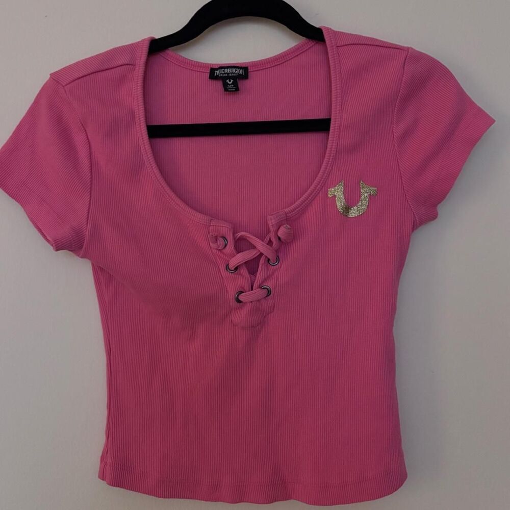 True Religion Pink Ribbed Lace-Up Grommet Baby Tee size S